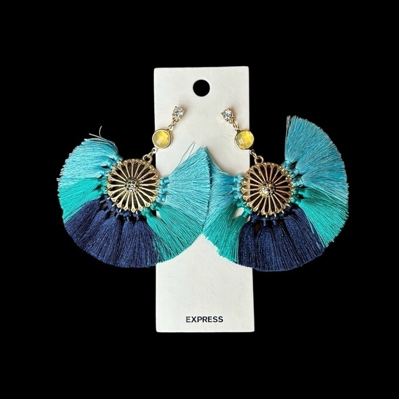 Statement Earrings From Express Boho Tropical Bold Gold & Shades of Blue Fringe - Picture 4 of 13